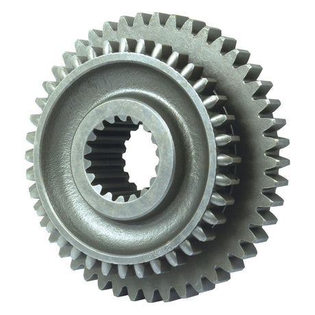 Close-up image of two interlocking metal gears with detailed teeth, arranged one in front of the other, perfect for a Sparex or Massey Ferguson machine. Featuring the Transmission Gear | Sparex Part No.S.40752 by Sparex.