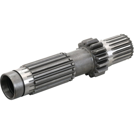 The Transmission Countershaft - S.40758 from Sparex is a metallic gear shaft designed for mechanical and automotive applications, featuring ridges and splines on both ends and additional cog-like teeth in the central section. This versatile part includes a 15 x 17 Spline and falls under Tariff Code: 8483102990.