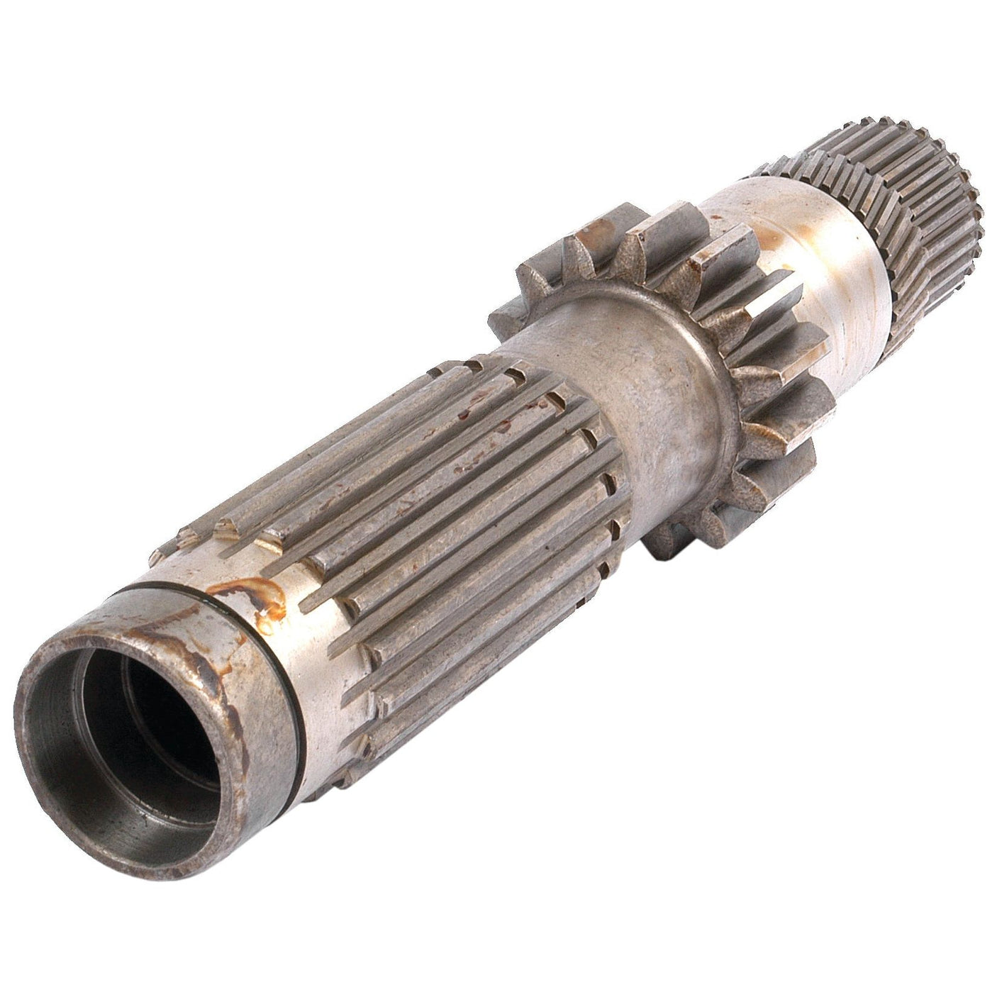 The Counter Shaft (Sparex Part No. S.40760) by Sparex, with its metallic finish, multiple splines, and cog teeth showing signs of use and slight rust, closely resembles those used in Massey Ferguson machinery.