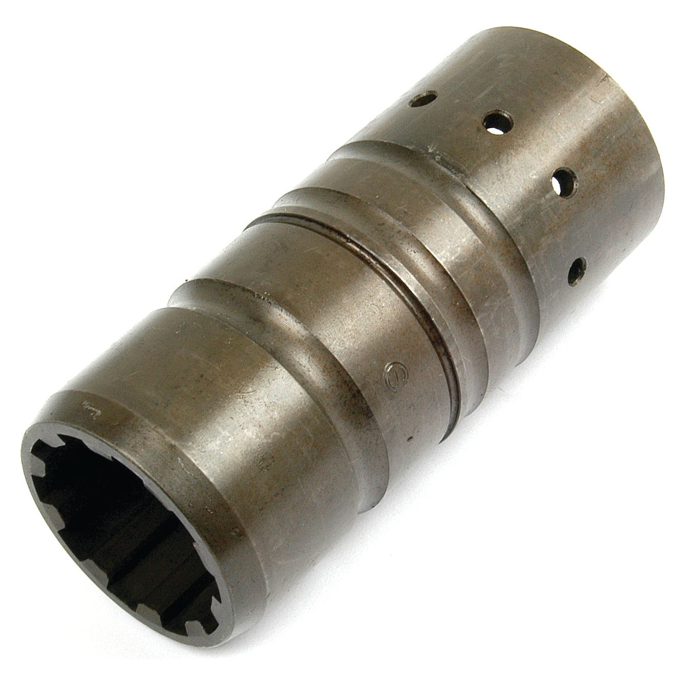 The Sparex Transmission Coupling (Part No. S.40811) is a metal splined cylindrical component with holes and grooves, commonly utilized as a coupling in mechanical assemblies or machinery.