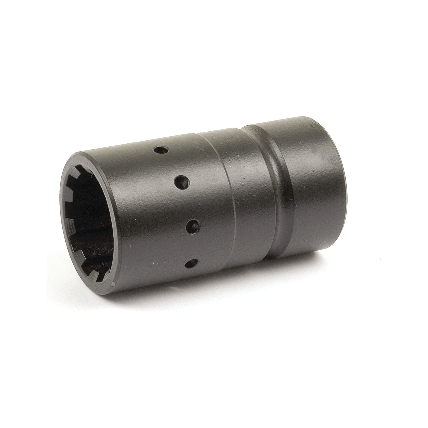 A black cylindrical mechanical part with multiple holes and notches, possibly a component of machinery or equipment, fits the description of the "Transmission Coupling | Sparex Part No. S.40812" manufactured by Sparex, often used in Massey Ferguson tractors.