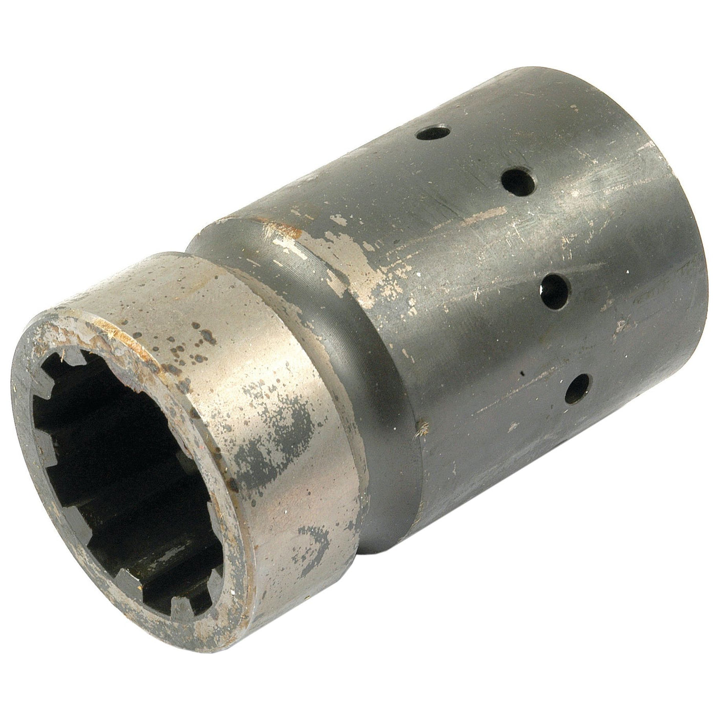 A cylindrical, metal mechanical component with visible wear and multiple small holes on its side. The end has a notched circular opening, typical of the Sparex Transmission Coupling (Part No.S.40813) for 97mm 54mm tractor spline parts.