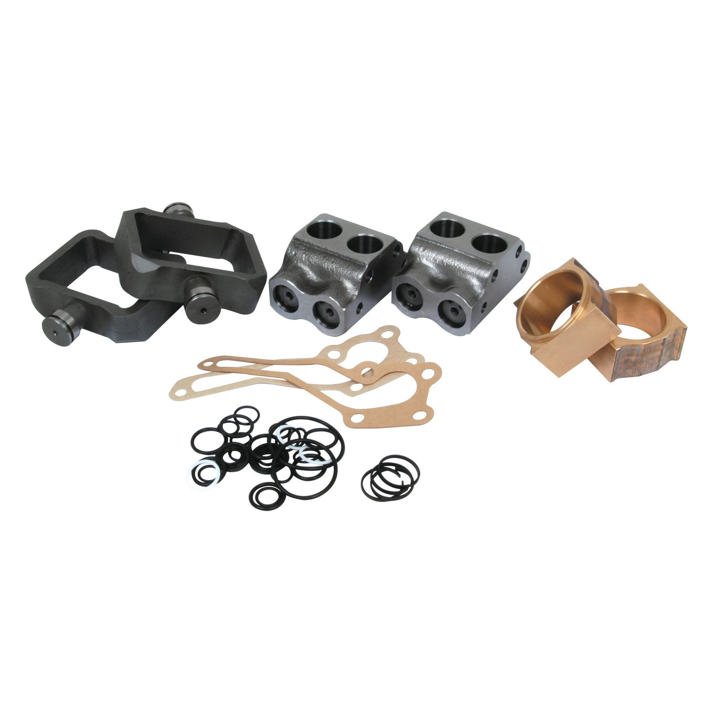 Assorted mechanical parts, including a Sparex hydraulic pump repair kit (Sparex Part No. S.40844) for Massey Ferguson with gaskets, seals, metal brackets, and valve chamber assembly components, arranged on a white background.