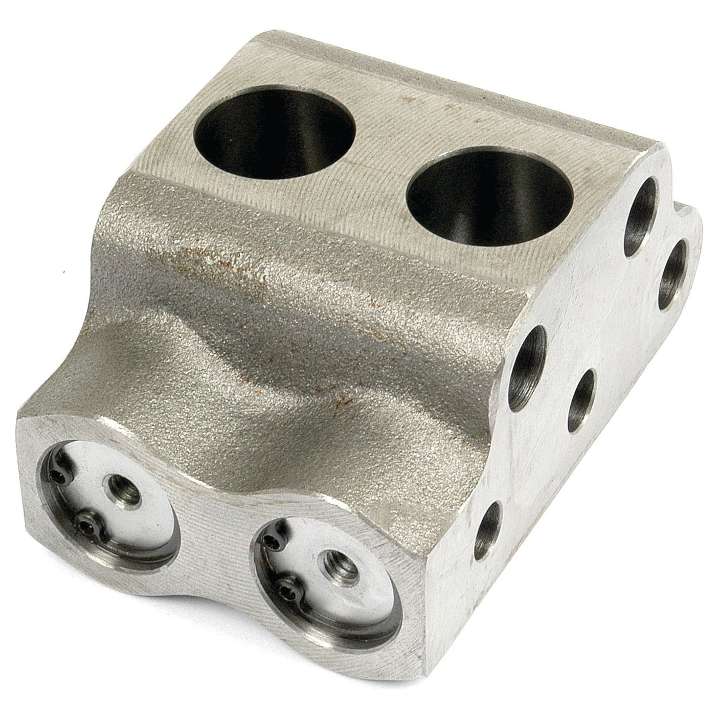 A Valve Chamber | Sparex Part No.S.40846 by Sparex, featuring a metallic machined part with multiple circular holes and a block-like structure, reminiscent of the components used in Massey Ferguson machinery.