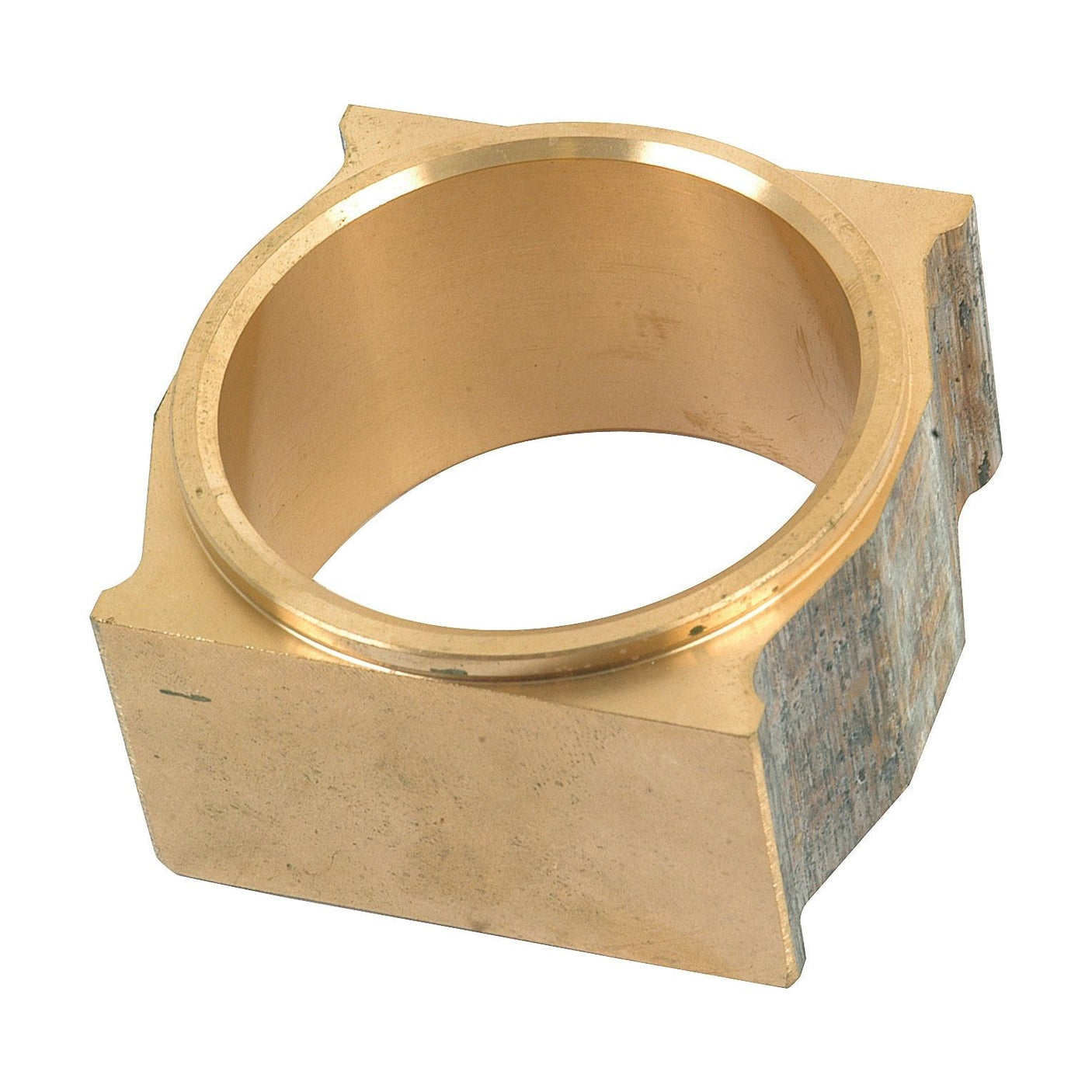 The Cam Block (Sparex Part No. S.40857) from Sparex is a brass square flange sleeve bearing with a round inner hole, ideal for reducing friction between rotating parts in Massey Ferguson equipment.