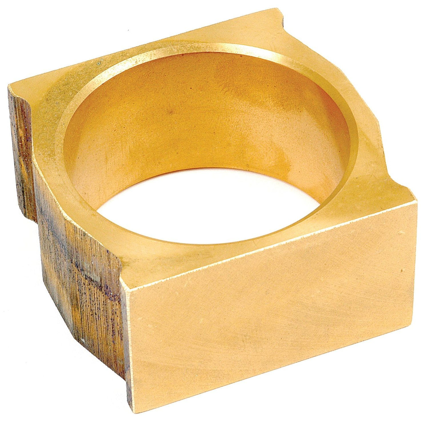 A square, gold-colored metal ring with a circular opening reminiscent of the Cam Block by Sparex (Part No. S.40858).