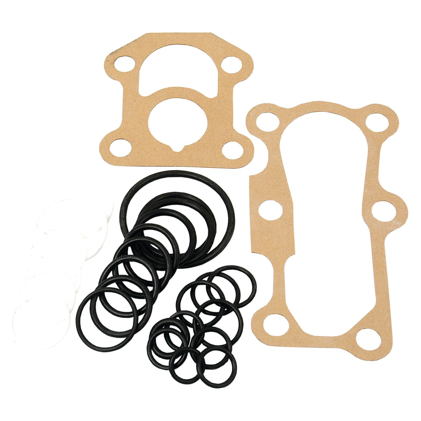 A Repair Kit (Sparex Part No.S.40869) by Sparex, consisting of brown paper gaskets in assorted shapes and an assortment of black and white rubber O-rings, suitable for MK3 Pump or vintage Massey Ferguson tractors, all arranged on a white background.