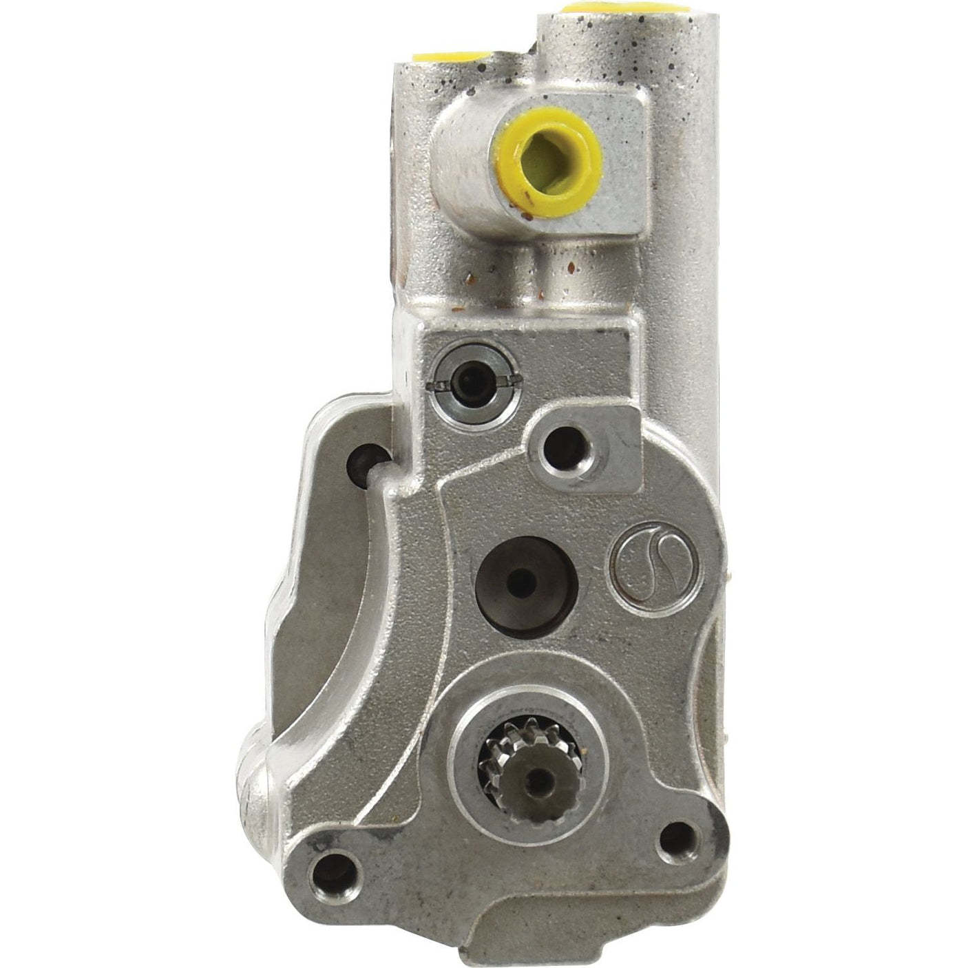 Close-up of the Auxiliary Hydraulic Pump | Sparex Part No. S.40875, a metal mechanical component by Sparex with multiple circular openings, two yellow-capped ports, a mostly silver surface, and twin inlets.