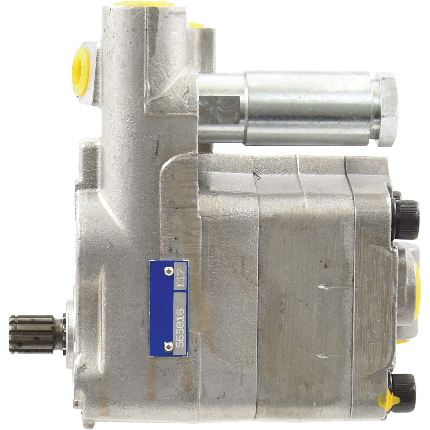 The Auxiliary Hydraulic Pump (Sparex Part No. S.40875) by Sparex, featuring twin inlets, cylindrical attachments, and a distinctive blue identification tag, is displayed against a white background.
