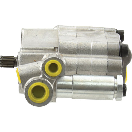 A close-up view of an Auxiliary Hydraulic Pump (Sparex Part No. S.40875) metallic automotive component by Sparex, featuring yellow-capped twin inlets and a ribbed shaft.