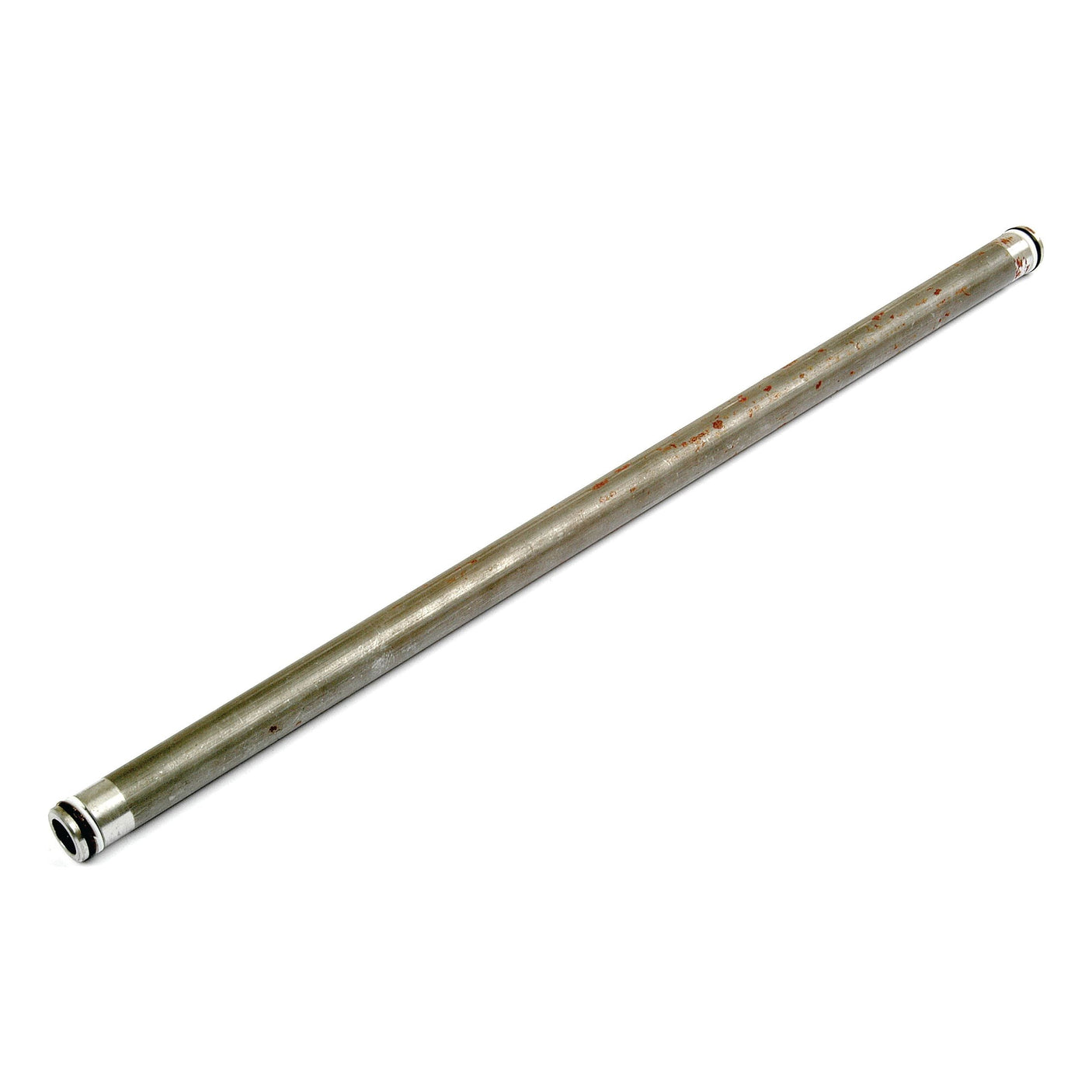 A long, cylindrical metal rod with capped ends, showing some signs of rust and wear, reminiscent of the Steel Hydraulic Pipe x from Sparex (Sparex Part No. S.40878), often found in early Massey Ferguson standard flow pumps.