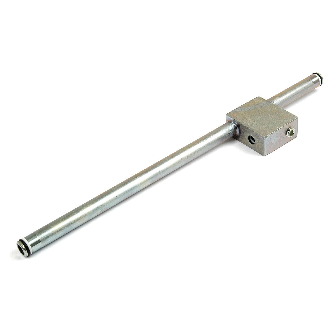 Introducing the Sparex Steel Hydraulic Pipe (Sparex Part No. S.40880), a metal rod meticulously designed with a square block in the center and cylindrical connectors at both ends, ensuring precision in pressure control.