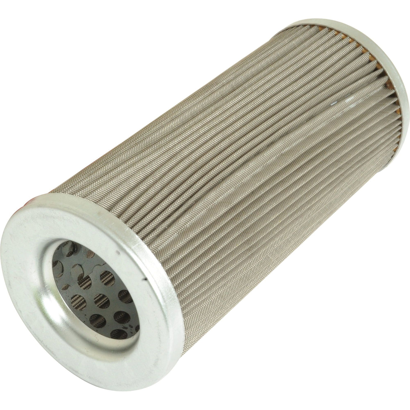 A cylindrical metal mesh filter, open on both ends with a perforated interior tube, designed for filtration purposes, is ideal as the Hydraulic Filter - Element (Sparex Part No. S.40883) for Massey Ferguson machinery.