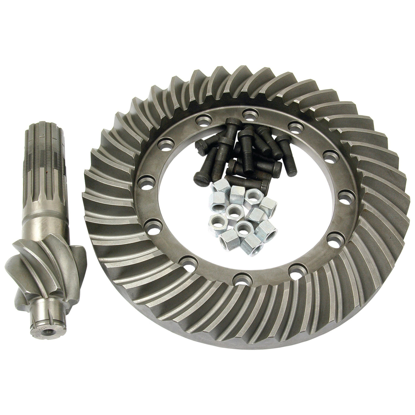 A Sparex Crown Wheel and Pinion gear set (Sparex Part No.S.40897), accompanied by a collection of bolts and nuts, displayed on a white background. Perfect for Massey Ferguson enthusiasts seeking reliable components.