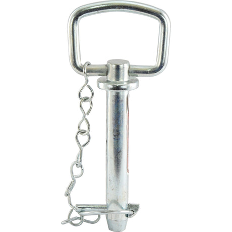 The Sparex Hitch Pin with Chain & Linch Pin (Part No. S.408) is a metal quick release pin featuring a round handle and an attached chain, commonly used for securing or adjusting equipment parts. This specific pin, often found on the Massey Ferguson TE20, has an overall diameter of 19mm and measures 98mm in length.