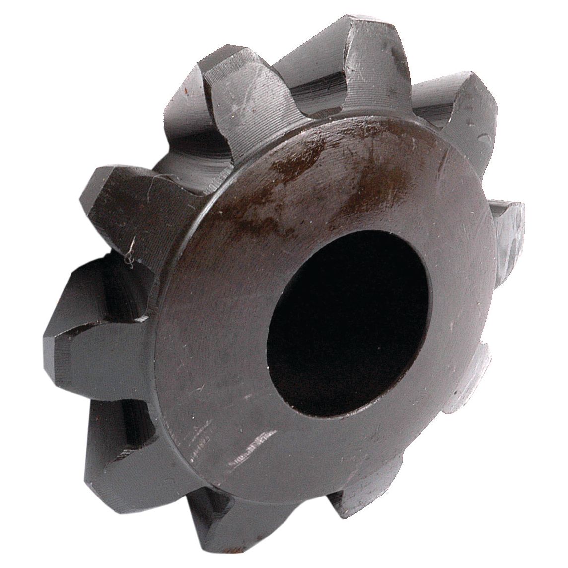 Close-up image of a dark-colored, multi-toothed milling cutter with sharp, angular blades surrounding a central hole, reminiscent of the precision found in the Sparex Pinion Gear | Part No.S.40909.