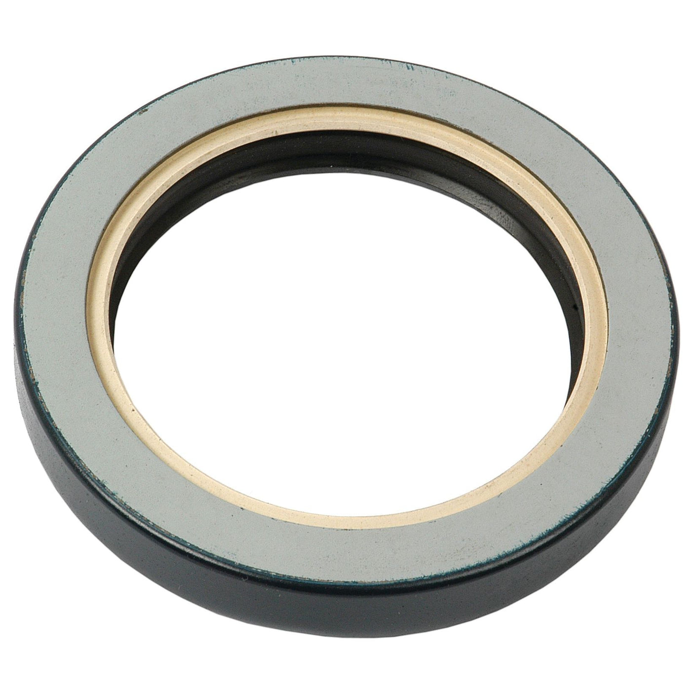 A close-up view of the Sparex Oil Seal (73.4 x 101.66 x 14.14mm | Part No.S.40916) featuring a green outer edge and a beige inner ring, commonly used in Massey Ferguson machinery.