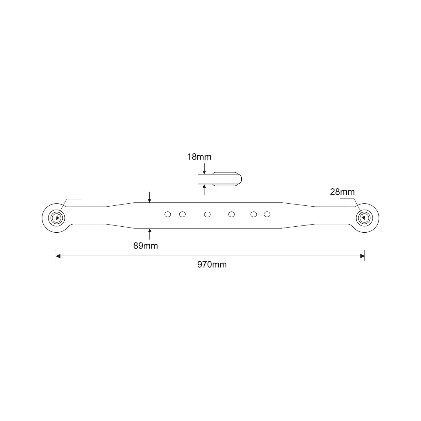 Technical drawing of the Sparex Lower Link Lift Arm, commonly used in Massey Ferguson parts, featuring detailed measurements: a length of 970mm, hole spacing of 89mm, width up to 28mm, and an attachment point that is 18mm wide in the center. This product is Sparex Part No. S.41003 and includes both Ball Ø 28mm and an Open Socket designed for right-hand (RH) and left-hand (LH) use.