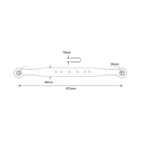 Technical drawing of the Sparex Lower Link Lift Arm, commonly used in Massey Ferguson parts, featuring detailed measurements: a length of 970mm, hole spacing of 89mm, width up to 28mm, and an attachment point that is 18mm wide in the center. This product is Sparex Part No. S.41003 and includes both Ball Ø 28mm and an Open Socket designed for right-hand (RH) and left-hand (LH) use.