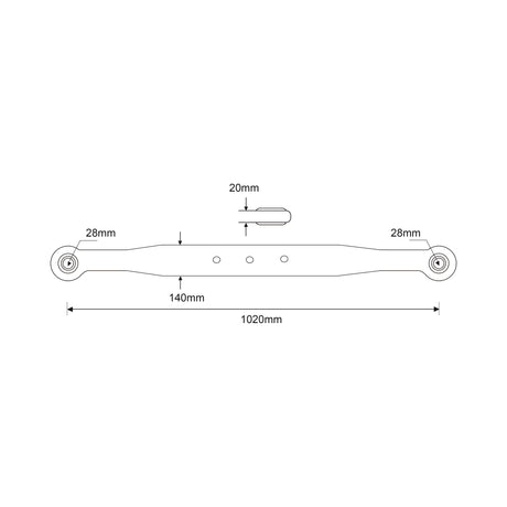 Technical drawing of the Lower Link Lift Arm - Ball Ø 28mm - Ball Ø 28mm - LH (Sparex Part No. S.41004) featuring 1020mm length, a central section measuring 140mm in length and 20mm wide, with hole centers for attachment.