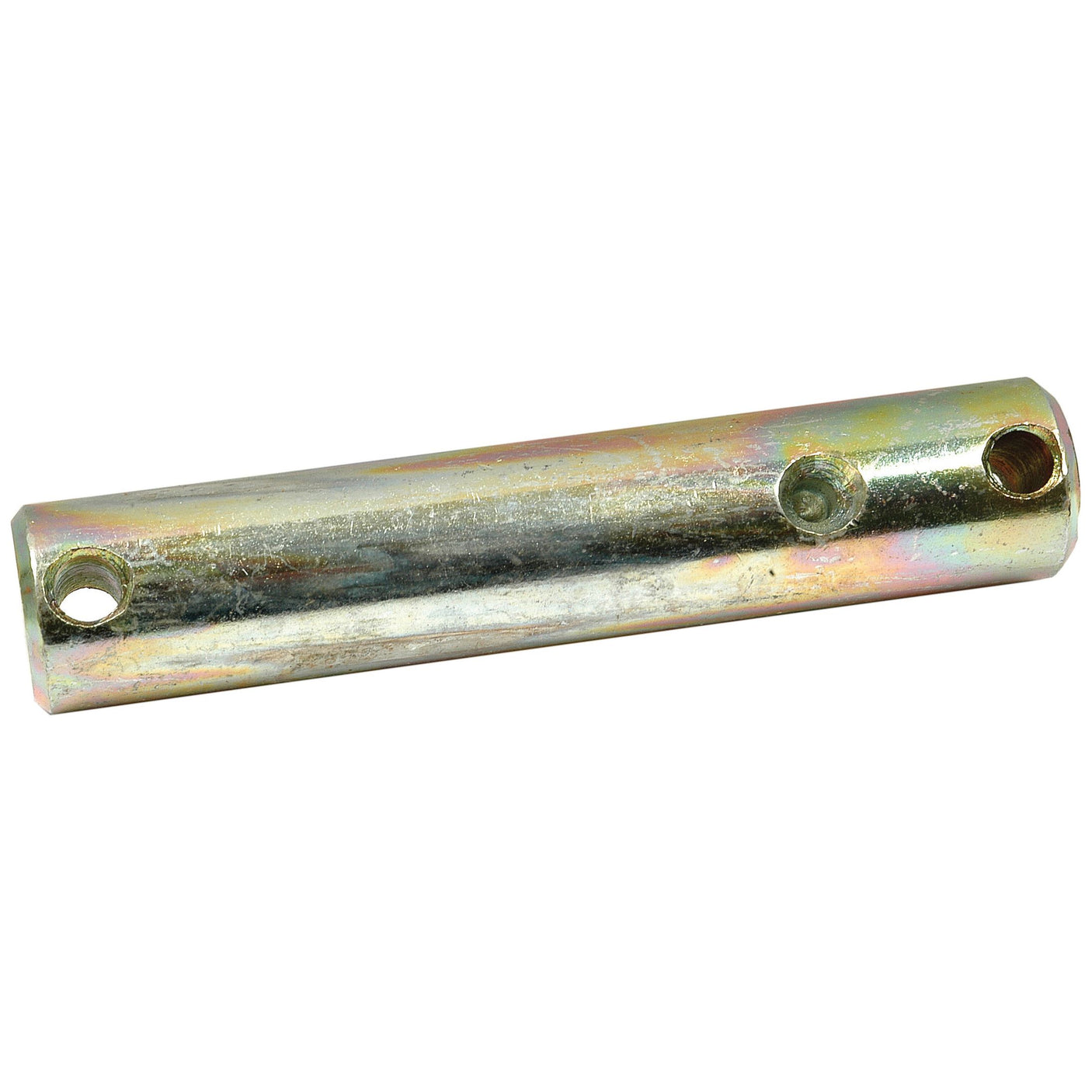 A cylindrical metal rod known as the Lower link pin 28x Cat. 2 (Sparex Part No. S.41013) by Sparex, reminiscent of the sturdy components used in Massey Ferguson machinery, features two small holes along its length and one hole at the end.