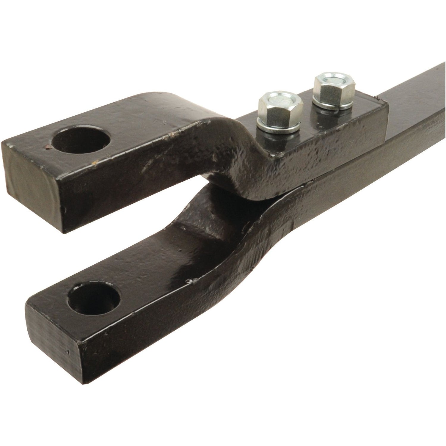 A black metal Swinging Drawbar with Clevis from Sparex, measuring 840mm in length and 30x49mm in section, features two bolt-fastened holes at one end and a curved section in the middle, with precisely designed hole centers for compatibility with Massey Ferguson models (Sparex Part No. S.41018).