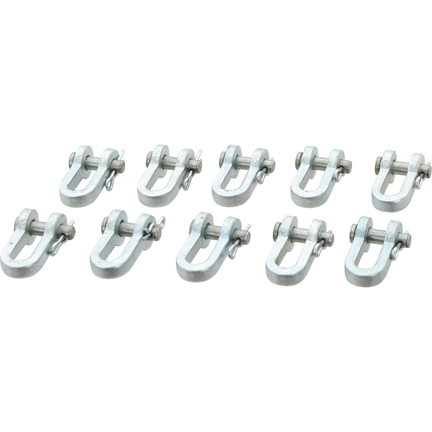 Ten Sparex D-shackles (S.41049) with an 8mm pin and an internal jaw width of 18mm are arranged in two rows of five on a white background, ensuring durability.