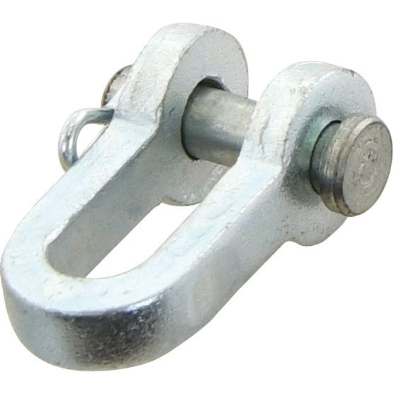 Close-up of a metal D Shackle with a pin secured by an 8mm cotter pin, used for connecting lifting or towing equipment. Ideal for machinery maintenance, the Sparex S.41049 shackle offers durability with its jaw width of 18mm for versatile applications.