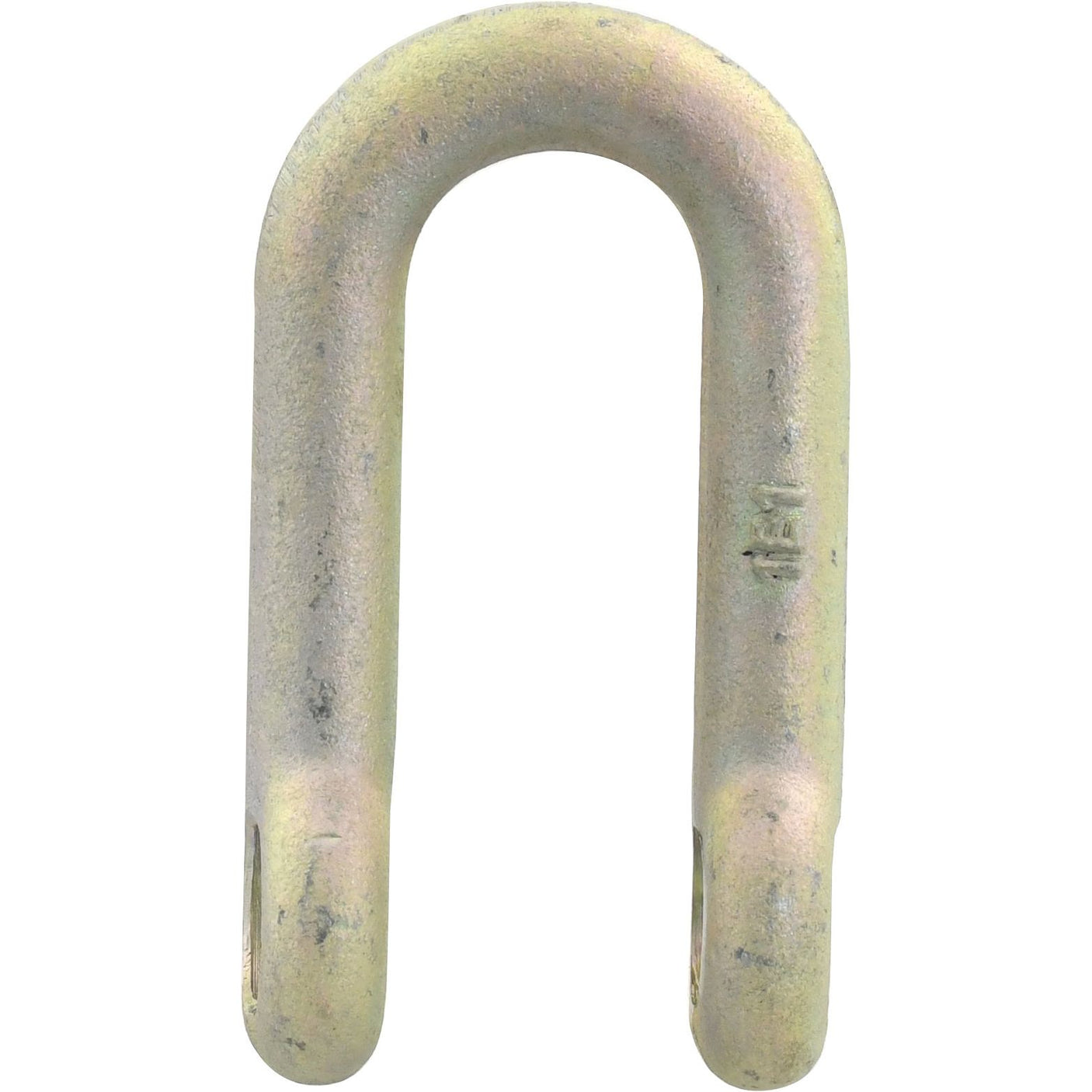 The Sparex D Shackle, Pin Ø19mm, Jaw Width: 33mm - S.41050 is crafted from mild steel and often features a zinc & gold passivate coating. It is commonly used in construction and fastening applications with its threaded holes at both ends forming a sturdy metal U-bolt loop.