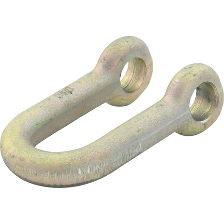 The Sparex D Shackle (S.41050) features a 19mm diameter pin and a 33mm jaw width, crafted from mild steel with threaded holes at both ends and often coated in a zinc & gold passivate finish. It is perfect for securing or connecting objects.