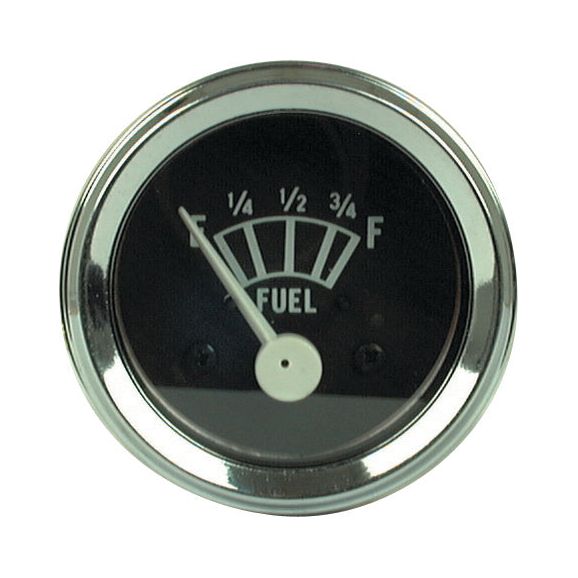 A circular fuel gauge with a needle pointing to 'F', indicating a full tank. The Sparex Fuel Gauge - 12V, compatible with Massey Ferguson tractors, features markings for empty (E), one-quarter, half, three-quarters, and full (F) levels. Ideal for tractor fitting with a 12V display system. Sparex Part No.S.41062.