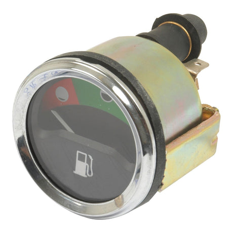 A circular fuel gauge showing an empty tank, with a gas pump icon at the bottom and a red and green background. The 46mm fitting gauge is housed in a metallic casing and supports 12V systems, making it compatible with Sparex components. This is the Fuel Gauge - 12V (Sparex Part No.S.41063) from Sparex.