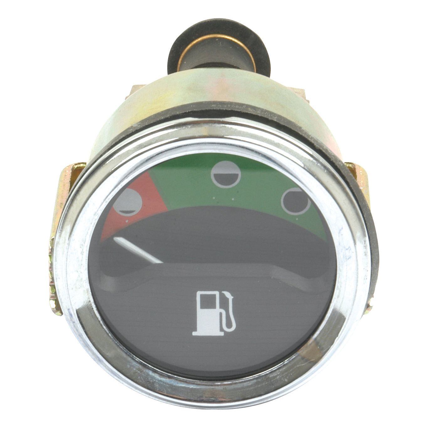 A circular analog fuel gauge, specifically the Fuel Gauge - 12V (Sparex Part No.S.41063), with a needle pointing towards the empty side. The 46mm fitting device features green, red, and black sections indicating fuel levels and is compatible with 12V systems. Proudly supplied by Sparex.