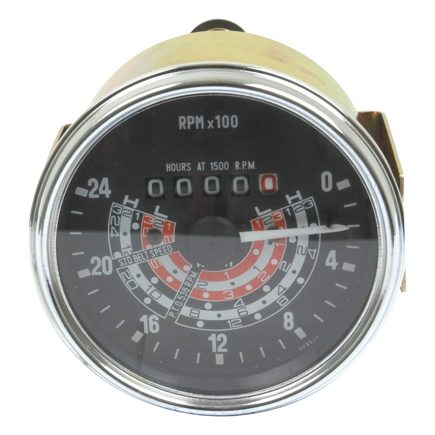 Introducing the Sparex Tachometer (KPH) | Sparex Part No.S.41068, featuring a round dial displaying RPM with a red and white inner section to indicate different speed zones. Encased in a metallic housing, this tachometer is perfect for monitoring your Massey Ferguson engine's performance.