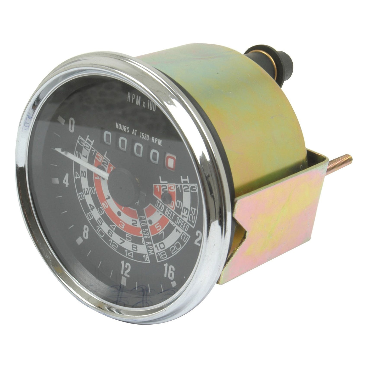 The Sparex Tachometer (KPH) | Part No. S.41070 features a round design with a metallic casing and a black face that displays RPM readings, specifically designed to measure engine speed. This precision gauge is perfect for Massey Ferguson tractors, ensuring accurate monitoring with its reliable tacho drive Ø fitting.