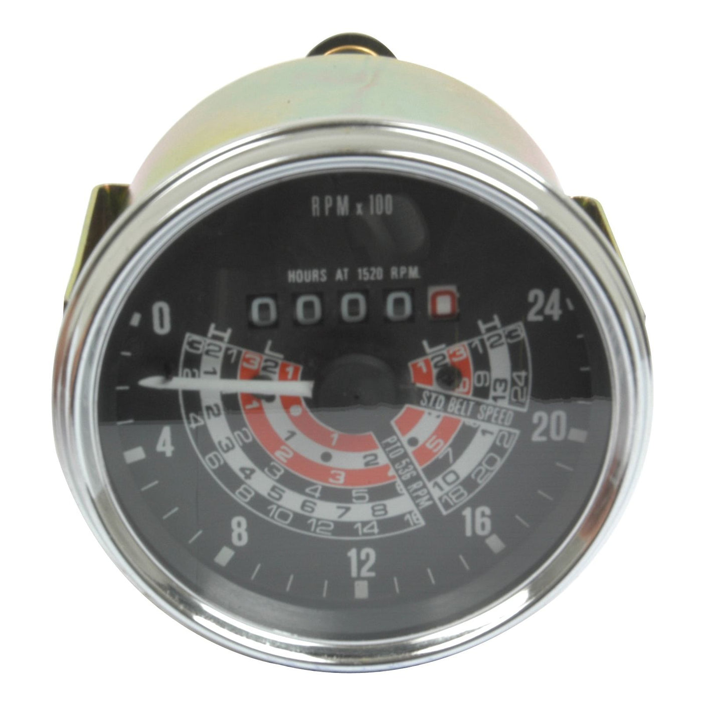 The Sparex Tachometer (KPH) | Sparex Part No.S.41070 is a round, analog gauge with a black face indicating engine RPM, enclosed in a silver-rimmed casing. It boasts Tacho Drive Ø capabilities, includes a built-in hour meter, and measures up to 24,000 RPM—ideal for Massey Ferguson vehicles.