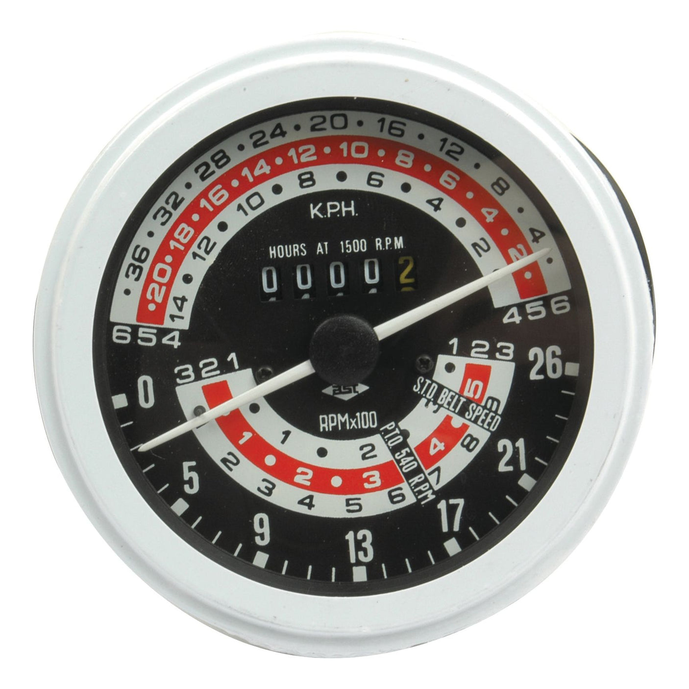 The Tachometer (KPH) from Sparex, part number S.41071, features a classic tacho drive design with a black and white circular gauge. It is marked with KPH, RPM x100, and hours at 1500 RPM, displaying zero on its counter. This tachometer is ideal for vintage Massey Ferguson tractors or can be used as a reliable Sparex replacement part.