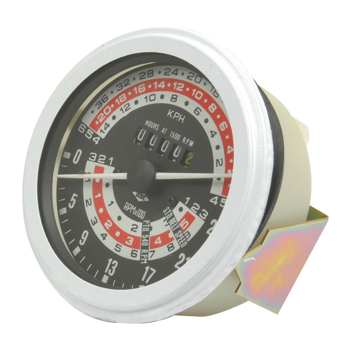 A round mechanical tachometer displaying speed in kilometers per hour (KPH) with marked increments. The white, black, and red dial features numbers and a pointer. This Massey Ferguson-compatible Sparex tachometer (Sparex Part No. S.41071) is mounted on a beige casing and is compatible with Sparex tacho drive systems.