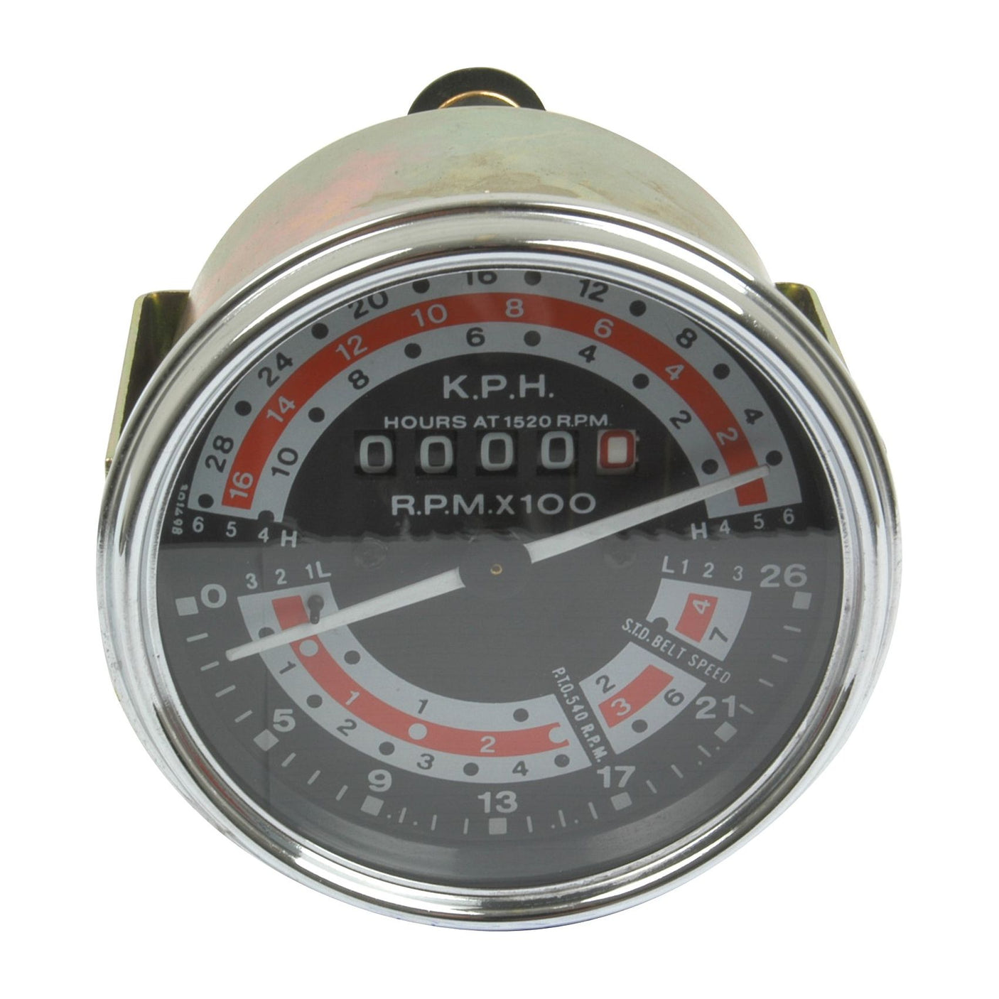 A black and silver Tractormeter (KPH), 90mm in diameter with a gauge displaying RPM in hundreds, a KPH scale, and an hour counter reading 00000 hours at 1520 RPM. Ideal for Massey Ferguson tractors, this reliable and precise Sparex device (Sparex Part No.S.41072) ensures optimal performance.