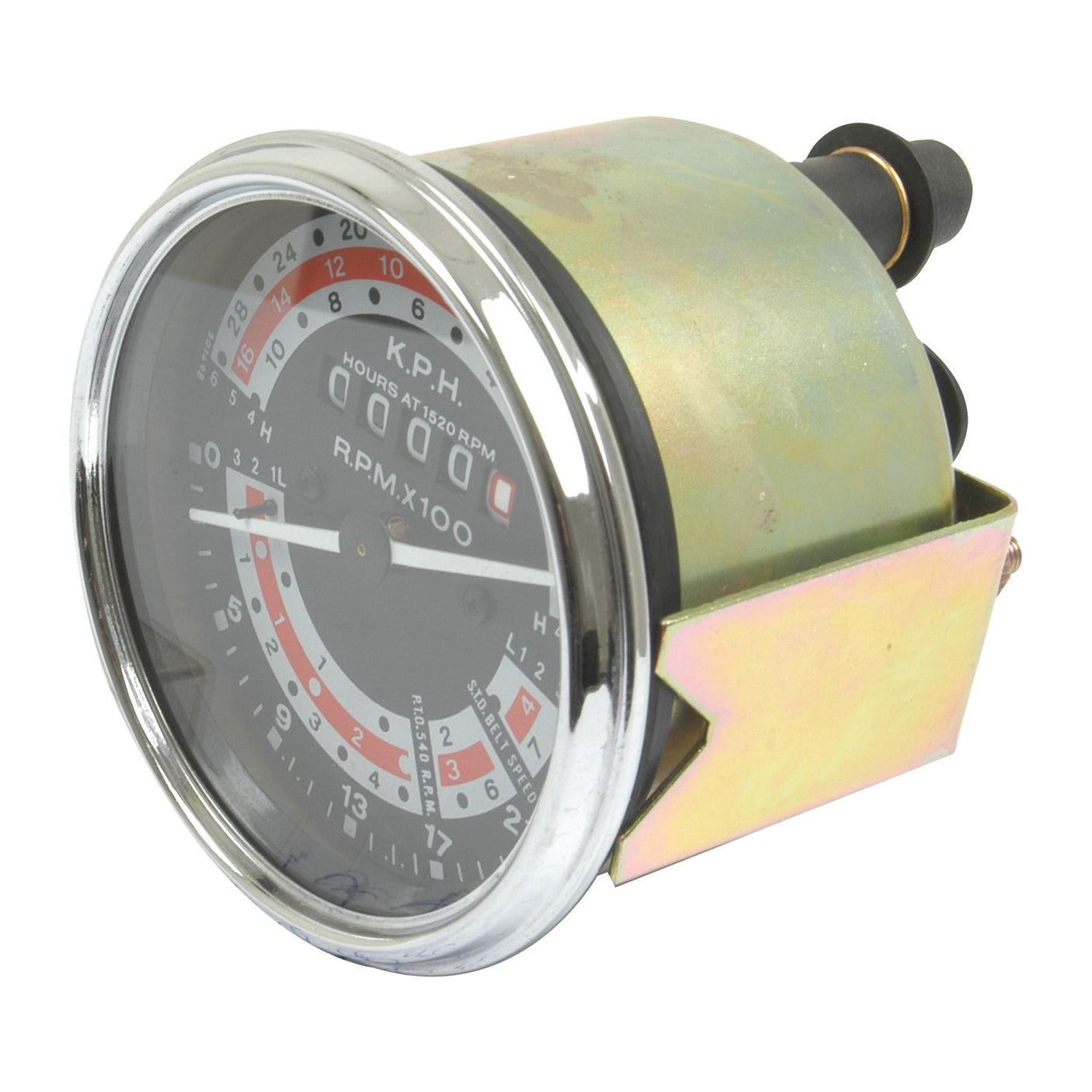 The Tractormeter (KPH) by Sparex, compatible with Massey Ferguson models and identified by Sparex Part No. S.41072, features a metallic mounting bracket and displays RPM, KPH, and other indicators on a clear circular dial.