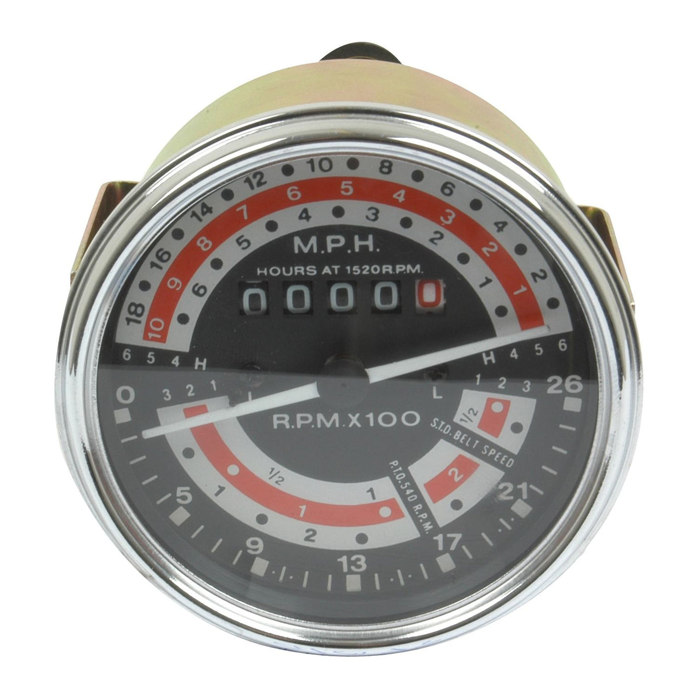 The Tractormeter (MPH) by Sparex, part number S.41073, is a round speedometer and tachometer combo featuring an analog display. It's ideal for a Massey Ferguson 135 US BUILT and shows speeds in both MPH and RPM. The dial includes a maximum RPM warning zone and has an hours meter at 1520 RPM. This product is also compatible with other Sparex components.