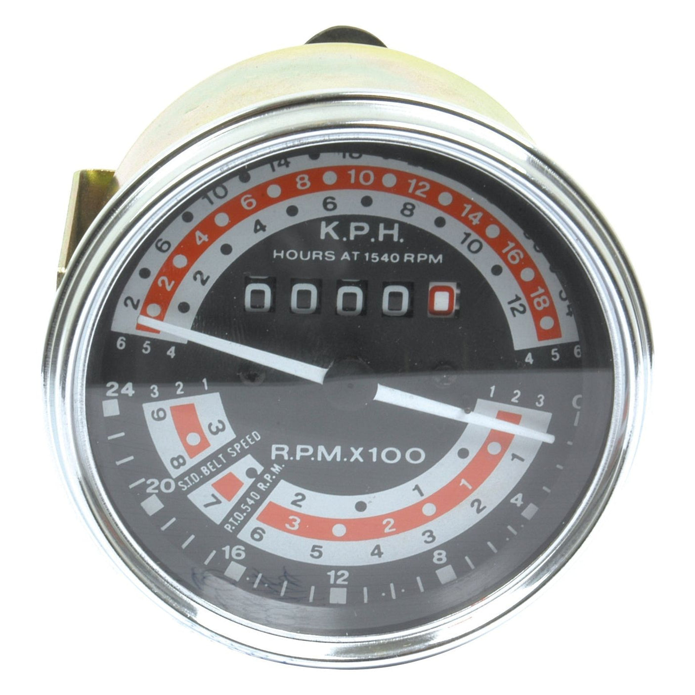 Here's a new version of the sentence using the provided product data:

Close-up of the Sparex Tachometer (KPH) with Part No. S.41074, designed to measure engine speed in R.P.M x 100. It features a rounded dial with red markings, a K.P.H. scale, and a central digital hour meter display. This compact 79mm tachometer is compatible with Massey Ferguson tractors.