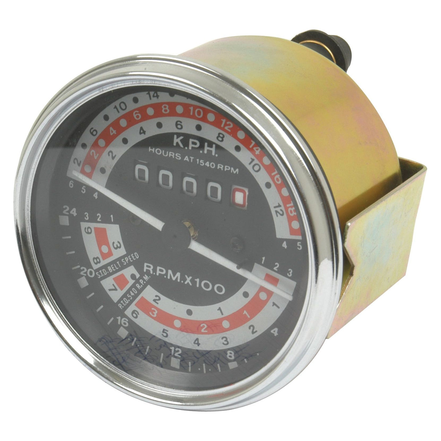 Close-up view of the Sparex Tachometer (Part No.S.41074) with a metal casing, displaying measurements in K.P.H and RPM x 100, along with a 79mm odometer display. Ideal for Massey Ferguson tractors, this high-quality Sparex component guarantees accurate readings and durability.