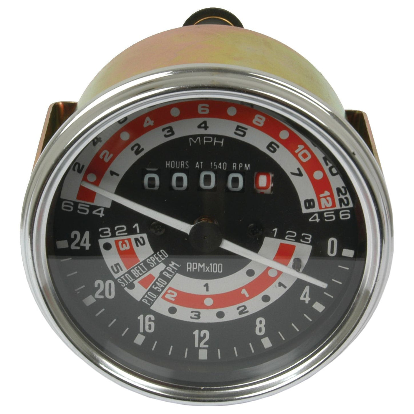 Close-up of a tachometer with a speedometer and hour gauge showing zero across all dials. The device, identified as the Tachometer (MPH) | Sparex Part No.S.41075 by Sparex, for Massey Ferguson tractors features RPM readings, MPH markings, and additional metrics in black, white, and red.