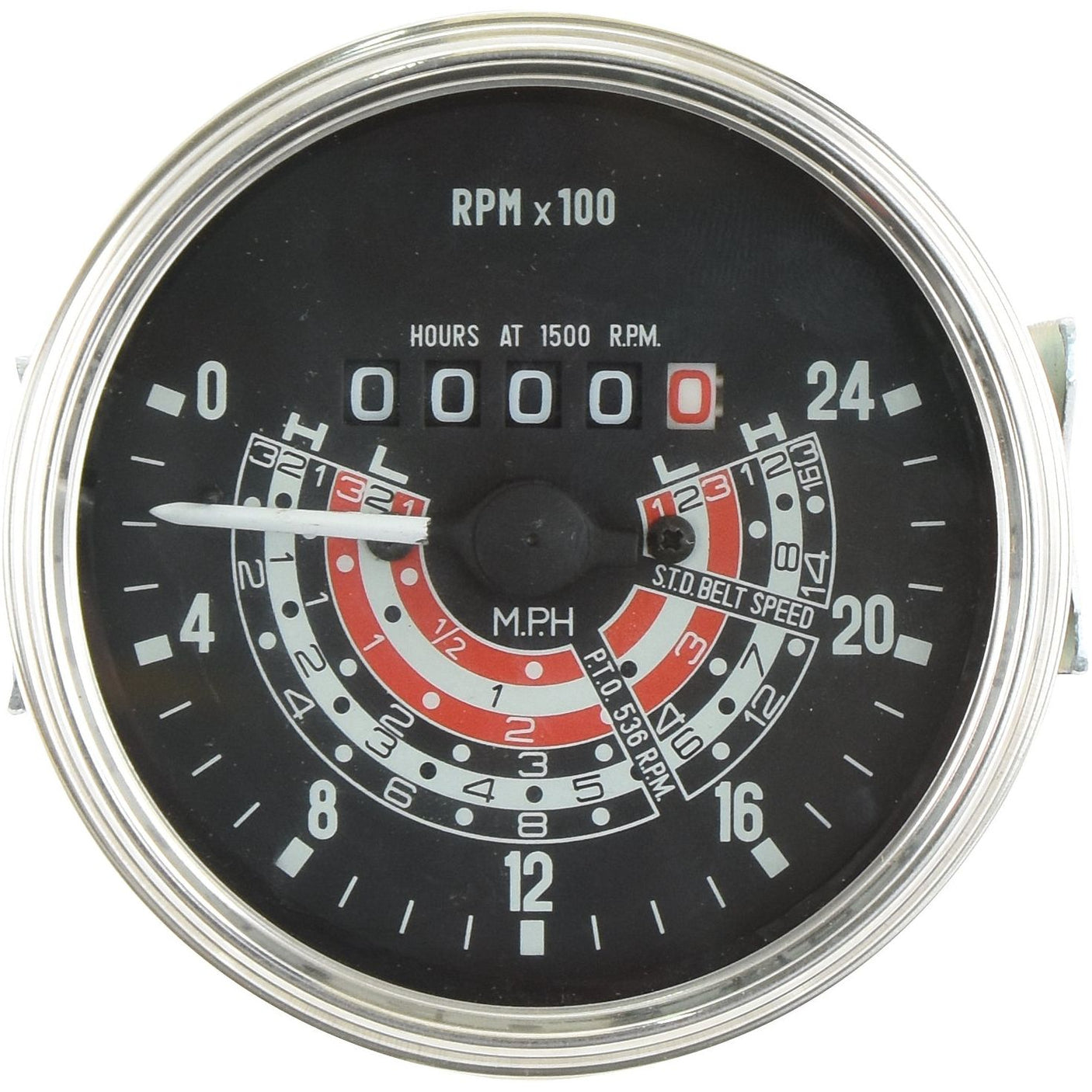 Close-up of a Sparex Tractormeter (MPH) | Sparex Part No.S.41076 displaying RPM x 100 and MPH, featuring various colored markings and multiple scales for different measurements. The needle points to two on the outermost scale, showcasing the precision craftsmanship typical of Massey Ferguson.