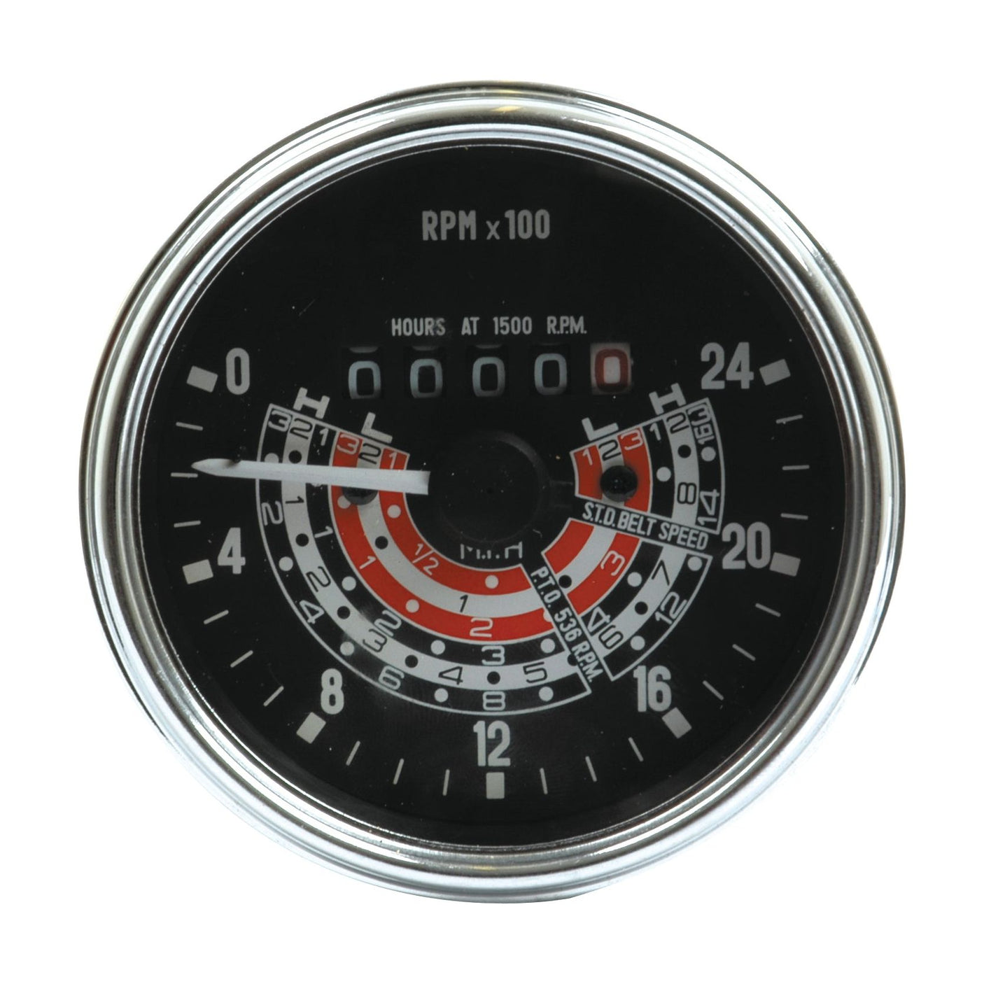 A round tachometer, similar to the classic Tractormeter (MPH), displays 0 RPM with inner gauges for belt speed and hours at 1500 RPM. The dial sports a black background with white and red indicators, set against a sleek chrome border. This design evokes the precision found in Landini or Massey Ferguson machinery, as represented by Sparex's Tractormeter (MPH) - Sparex Part No.S.41076.
