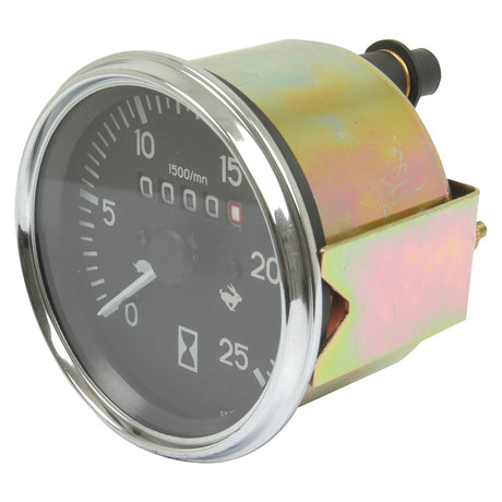 The Sparex Tachometer (Part No. S.41077) is a round analog gauge featuring a black face with white markings and a chrome bezel, perfect for precision equipment like the Landini 5830. It measures up to 25 units and includes a red indicator needle, with a robust metal mounting bracket on the back for secure installation.