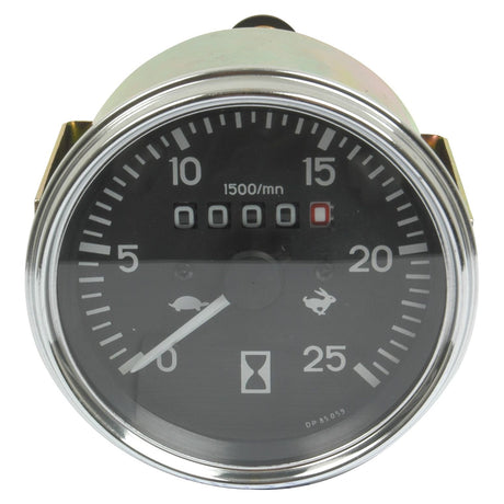 Close-up of a tachometer from a Massey Ferguson 158 with Sparex Part No. S.41077, indicating engine speeds up to 1500/nm with a maximum reading of 25. The needle points at 0, and a small hourglass icon is visible near the bottom center.