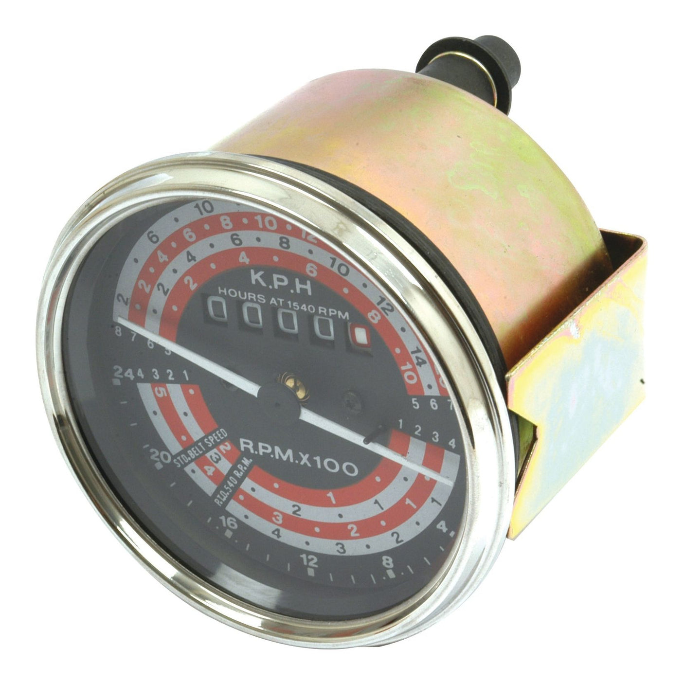 A vintage Tractormeter (KPH) by Sparex, part number S.41079, featuring a metallic casing and a black and red dial showing revolutions per minute (RPM).