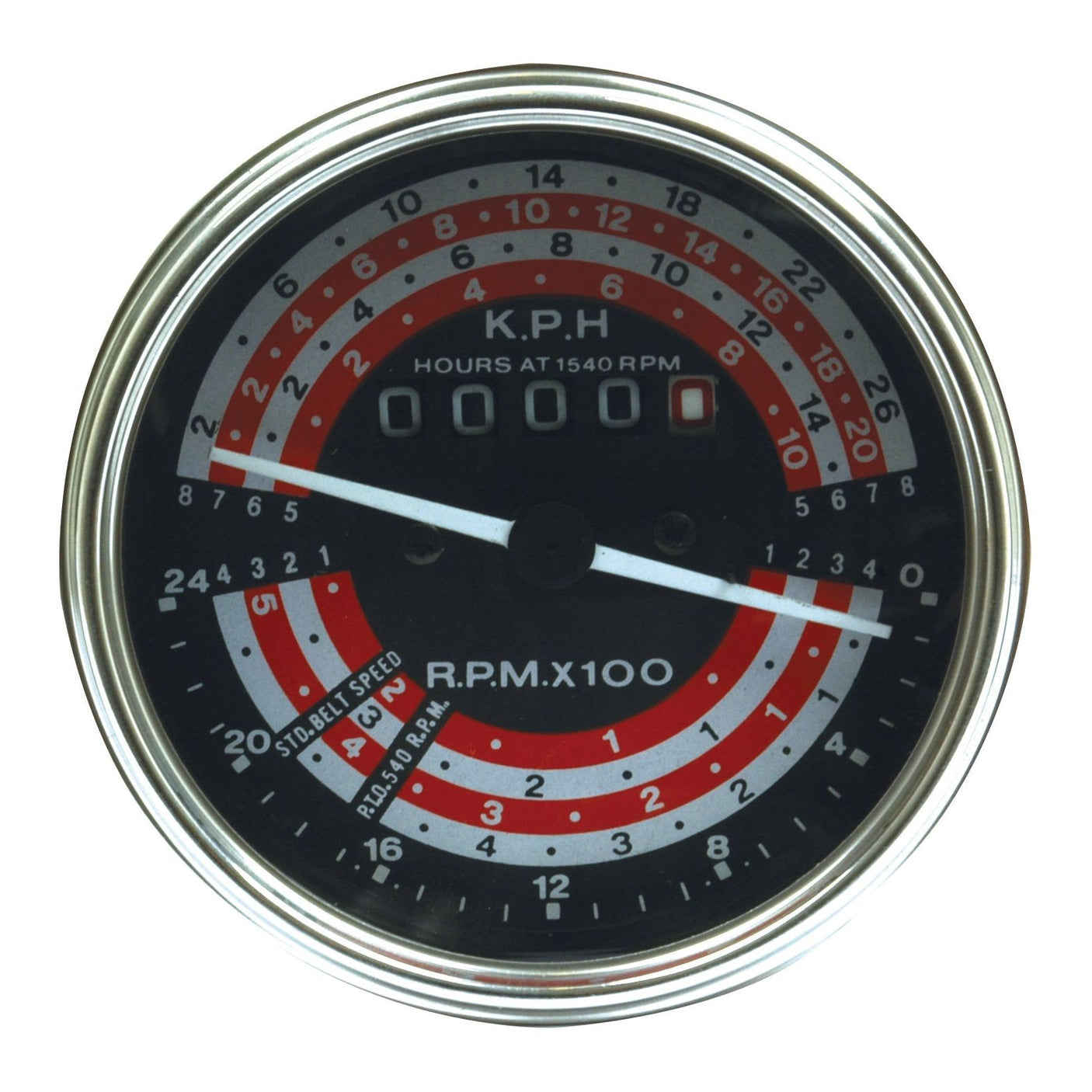 The Sparex Tractormeter (KPH), Sparex Part No.S.41079, is a round analog tachometer featuring concentric circles in red and black, displaying R.P.M x 100, K.P.H, and hour readings. The central display shows five zeros and is ideal for Massey Ferguson tractors.